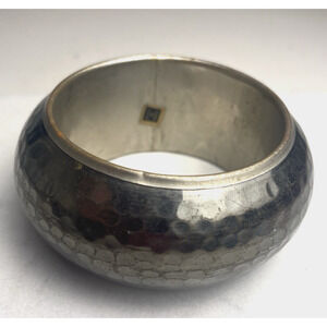 Vintage Hammered Silver Tone Bangle Bracelet Made India 8in Chunky Boho 1.5 Wide